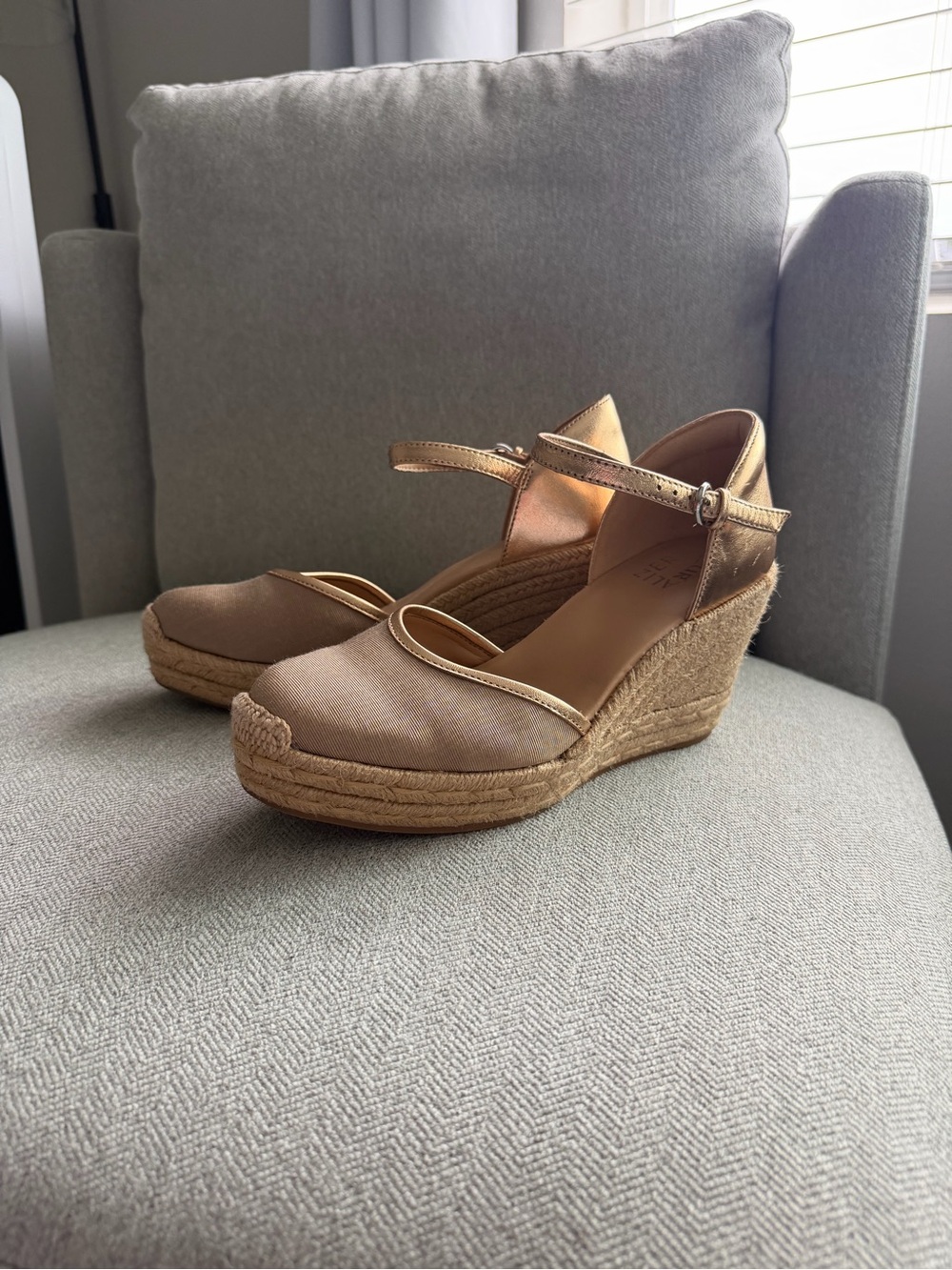 Naturalizer Metallic Tan Espadrille Wedge Sandals with Ankle Strap